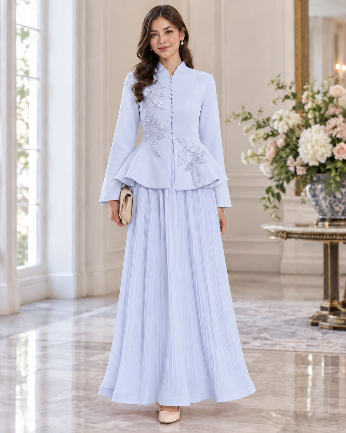 Magnolia — Conjunto de Dos Piezas con Chaqueta Bordada y Falda Maxi Plisada | Luna Ferrer - Luna Ferrer
