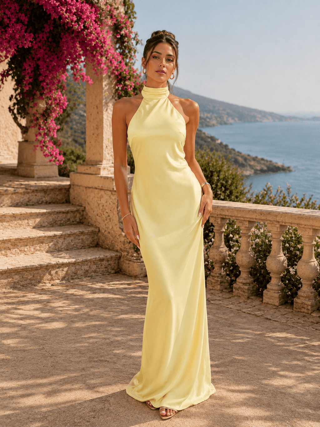 Marina Elegante vestido largo de satén con escote halter - Luna Ferrer